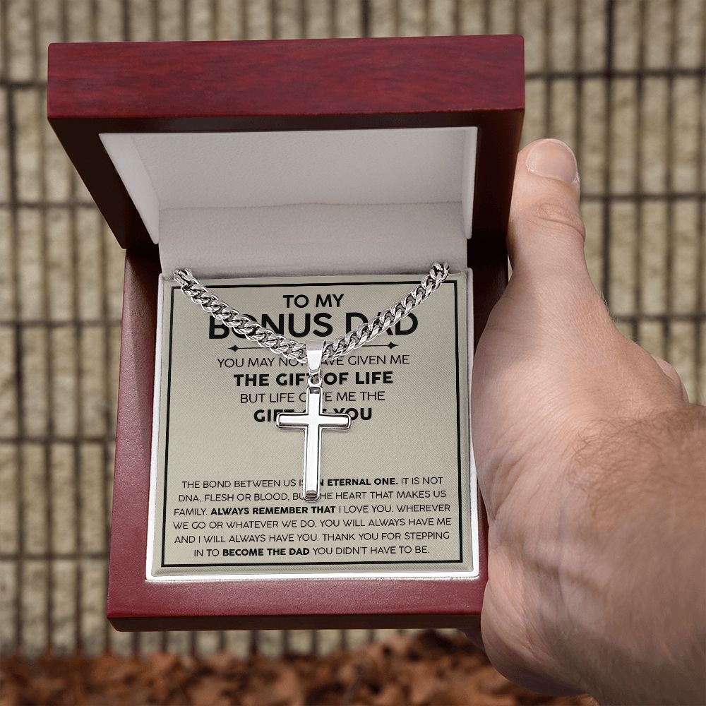 To my Bonus Dad cross necklace with cuban chain