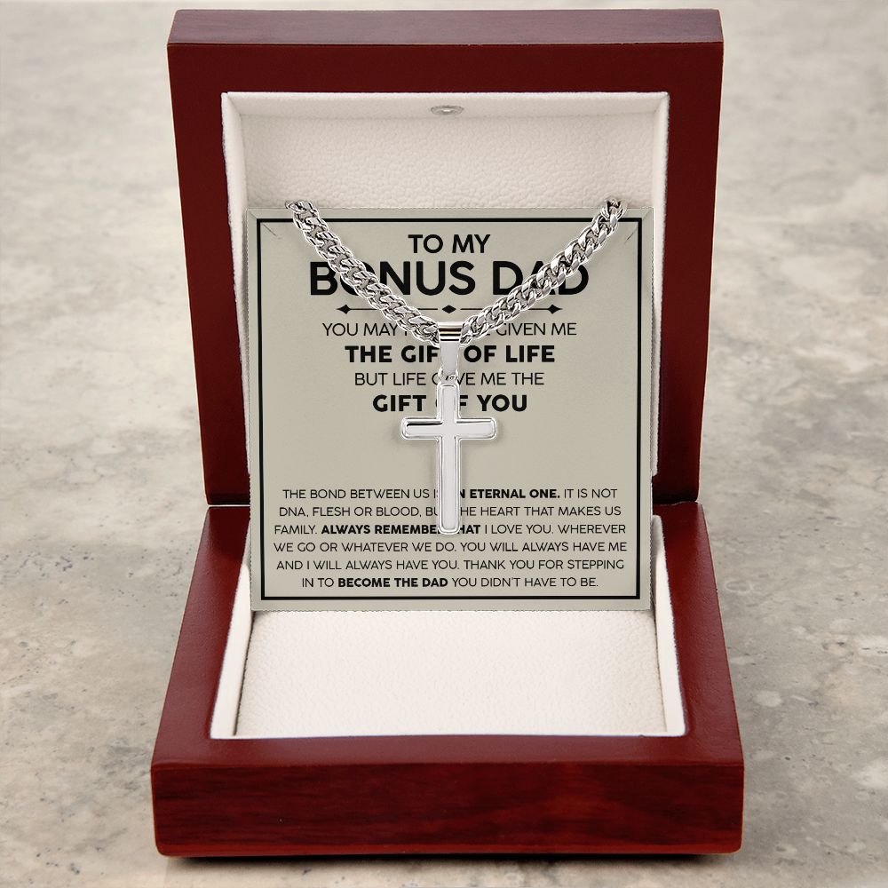 To my Bonus Dad cross necklace with cuban chain