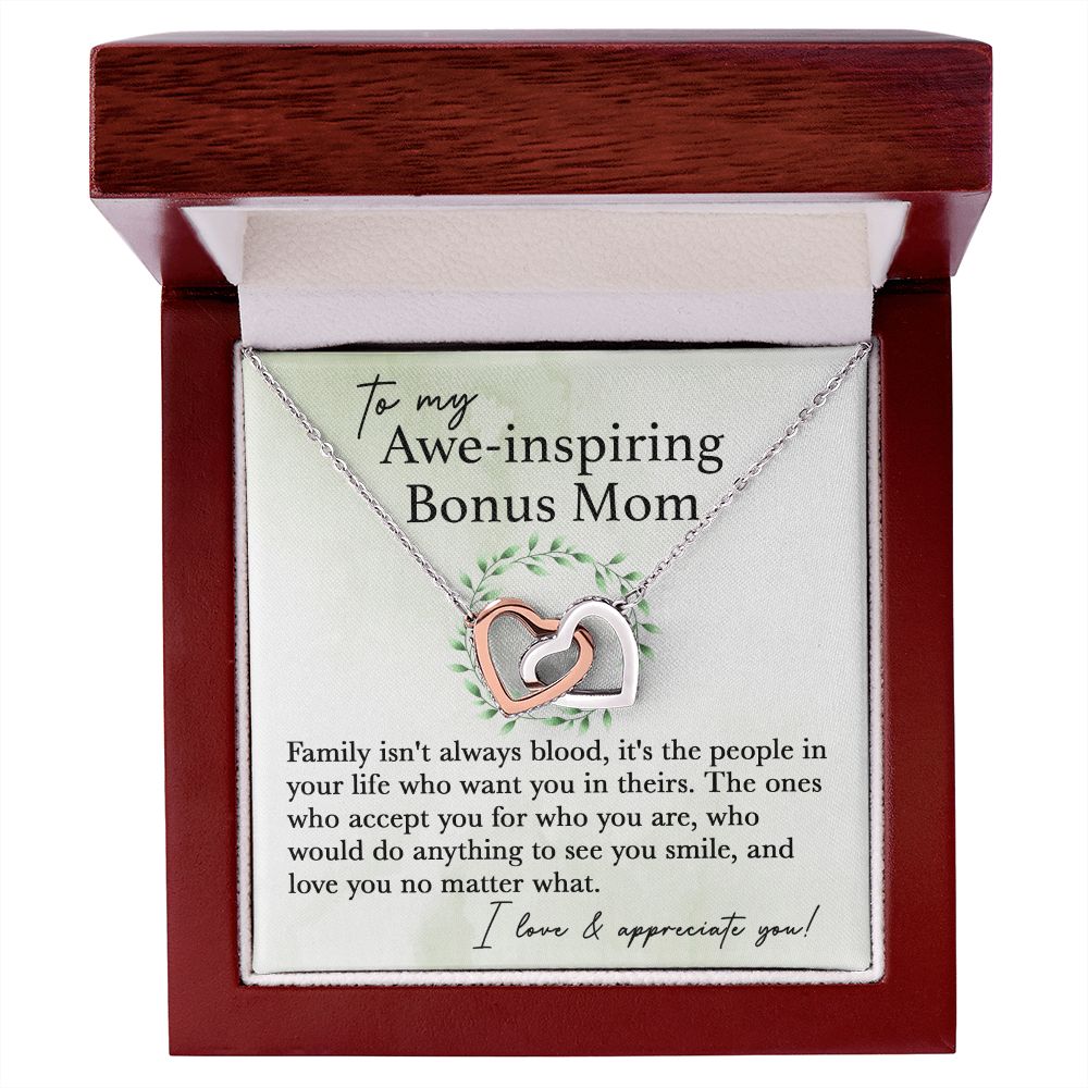To My Awe-Inspiring Bonus Mom interlocking hear necklace