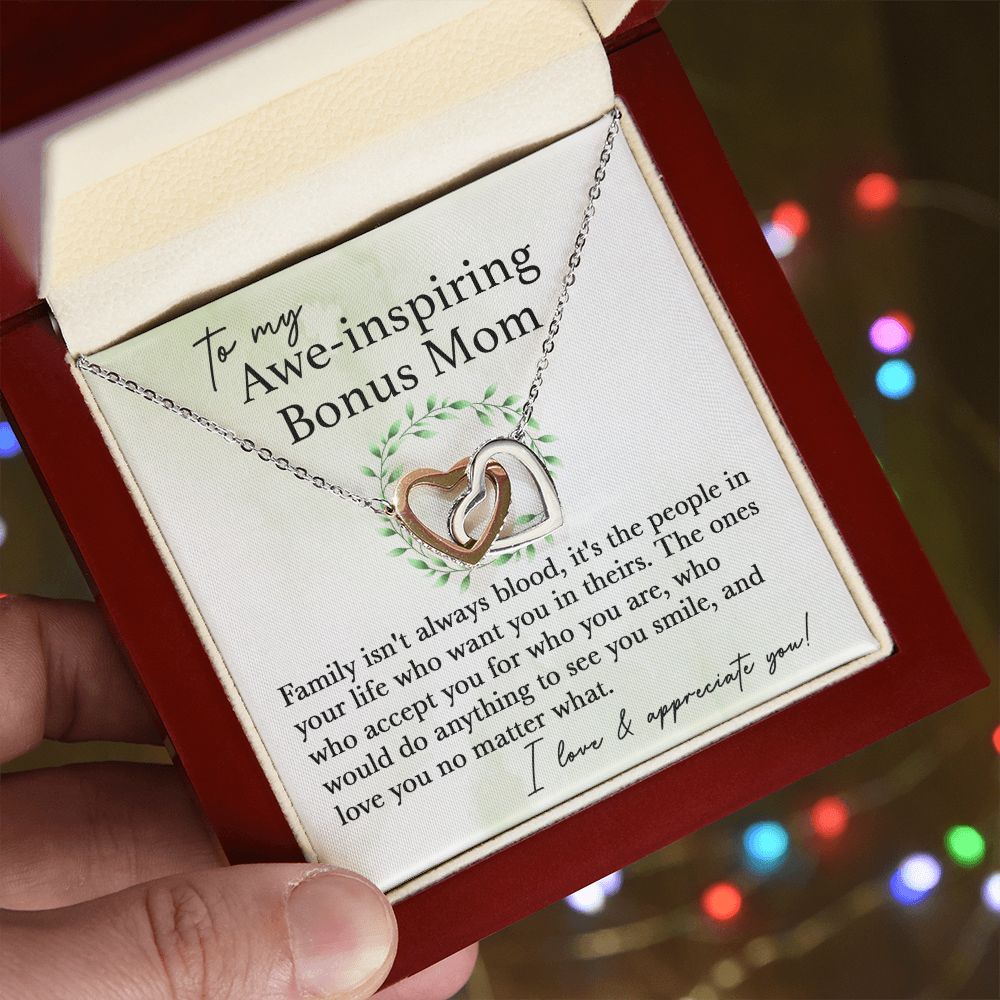 To My Awe-Inspiring Bonus Mom interlocking hear necklace