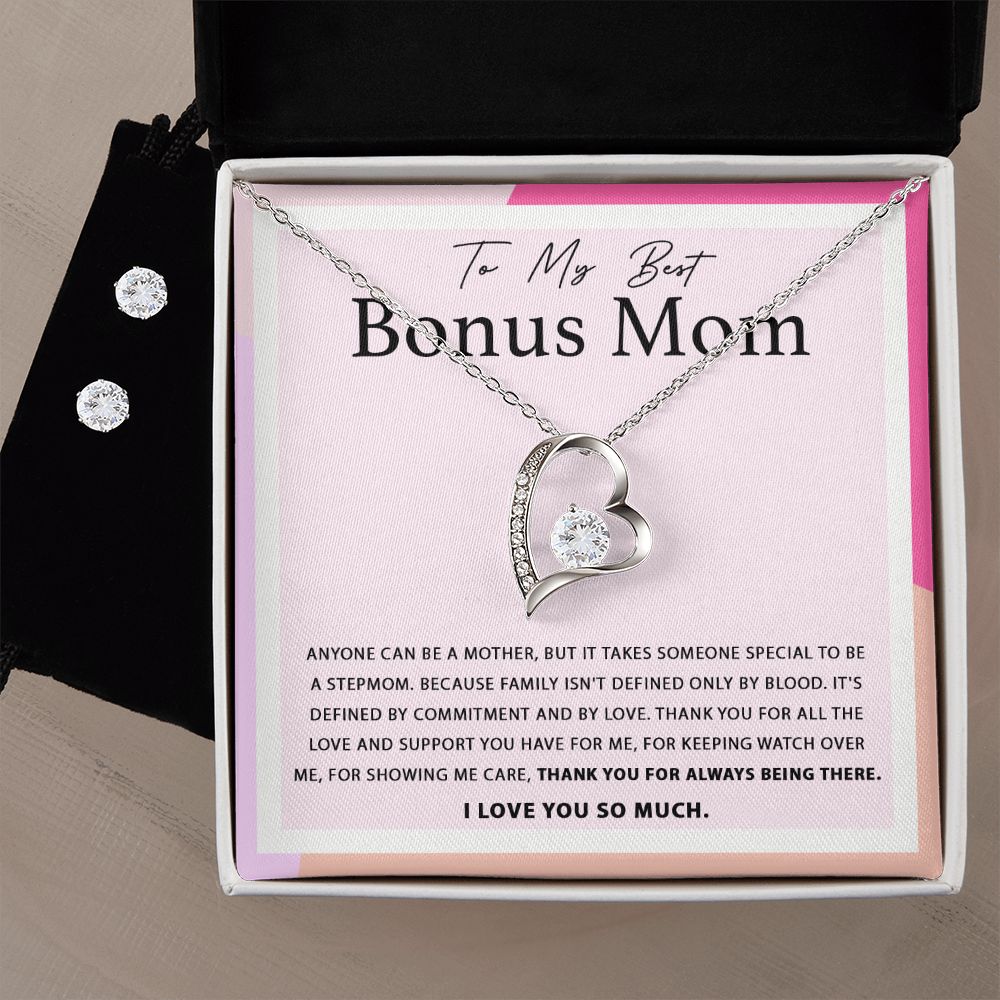 To My Best Bonus Mom forever love necklace with earrings bundle