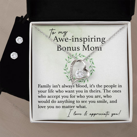 To My Awe-Inspiring Bonus Mom forever love necklace with earrings bundle