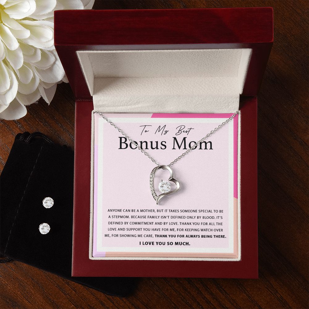 To My Best Bonus Mom forever love necklace with earrings bundle