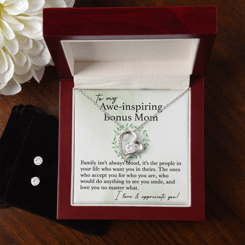 To My Awe-Inspiring Bonus Mom forever love necklace with earrings bundle