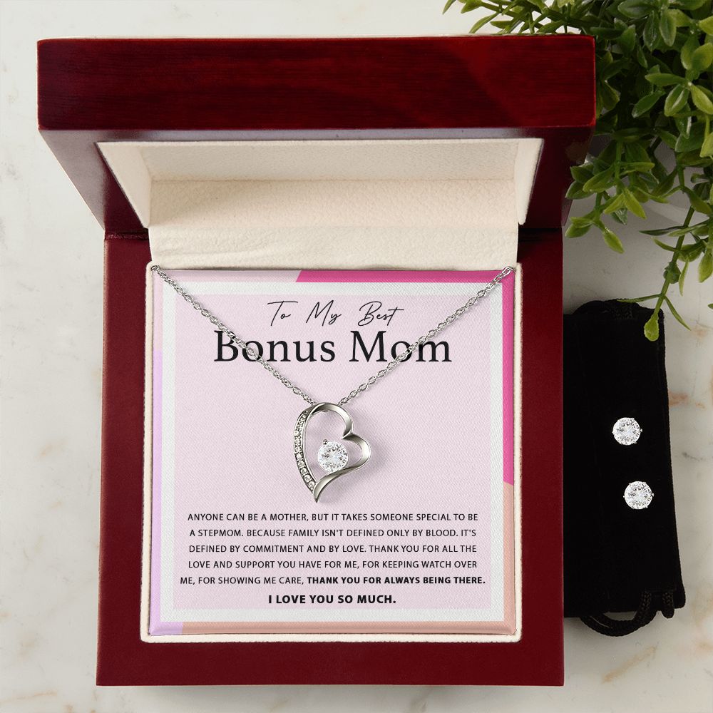 To My Best Bonus Mom forever love necklace with earrings bundle