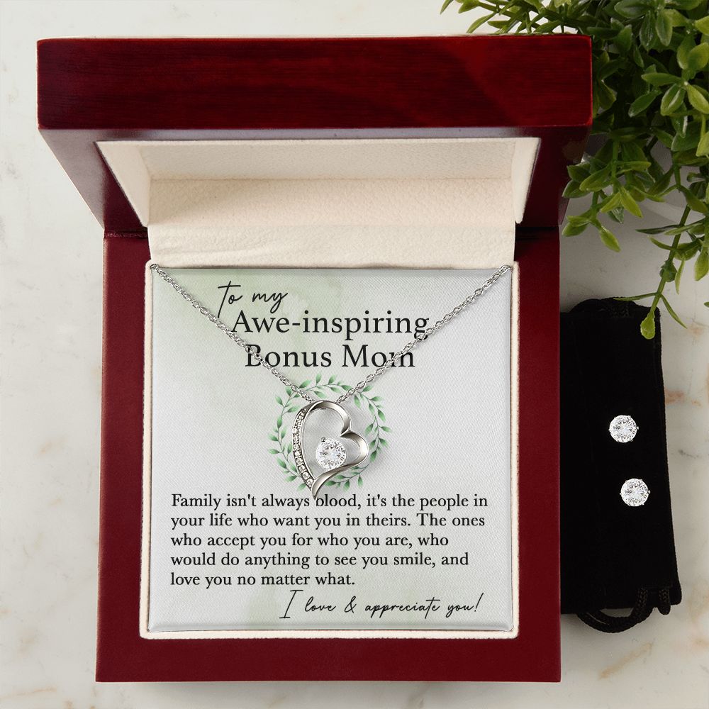 To My Awe-Inspiring Bonus Mom forever love necklace with earrings bundle