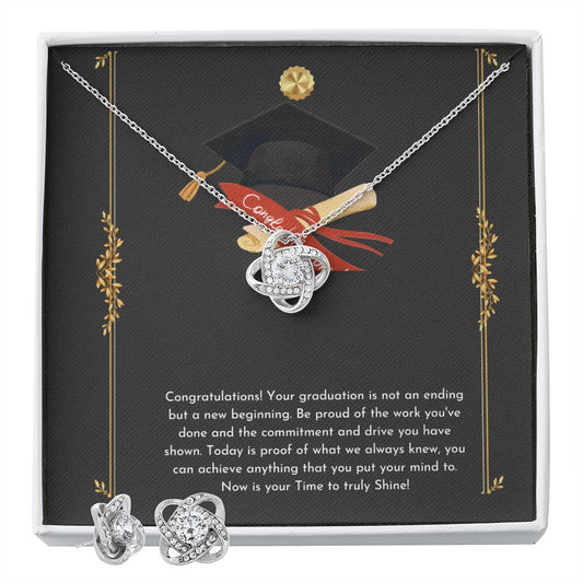 Black & gold modern Happy graduation Congratulations Card (1000 × 1000 px) Love Knot and Earring set|Mom