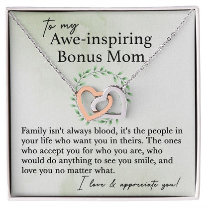 To My Awe-Inspiring Bonus Mom interlocking hear necklace