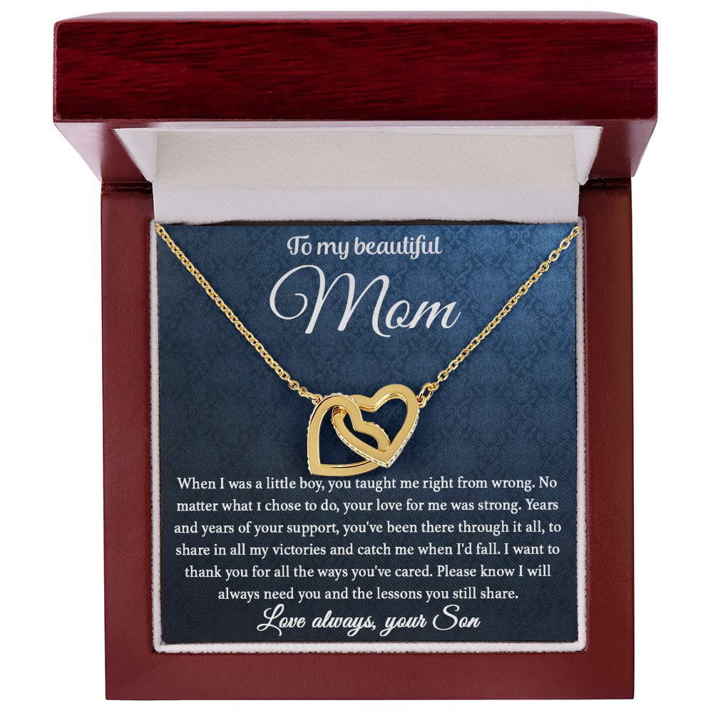 To My Mom - You Taught Me Right From Wrong interlocking hear necklace