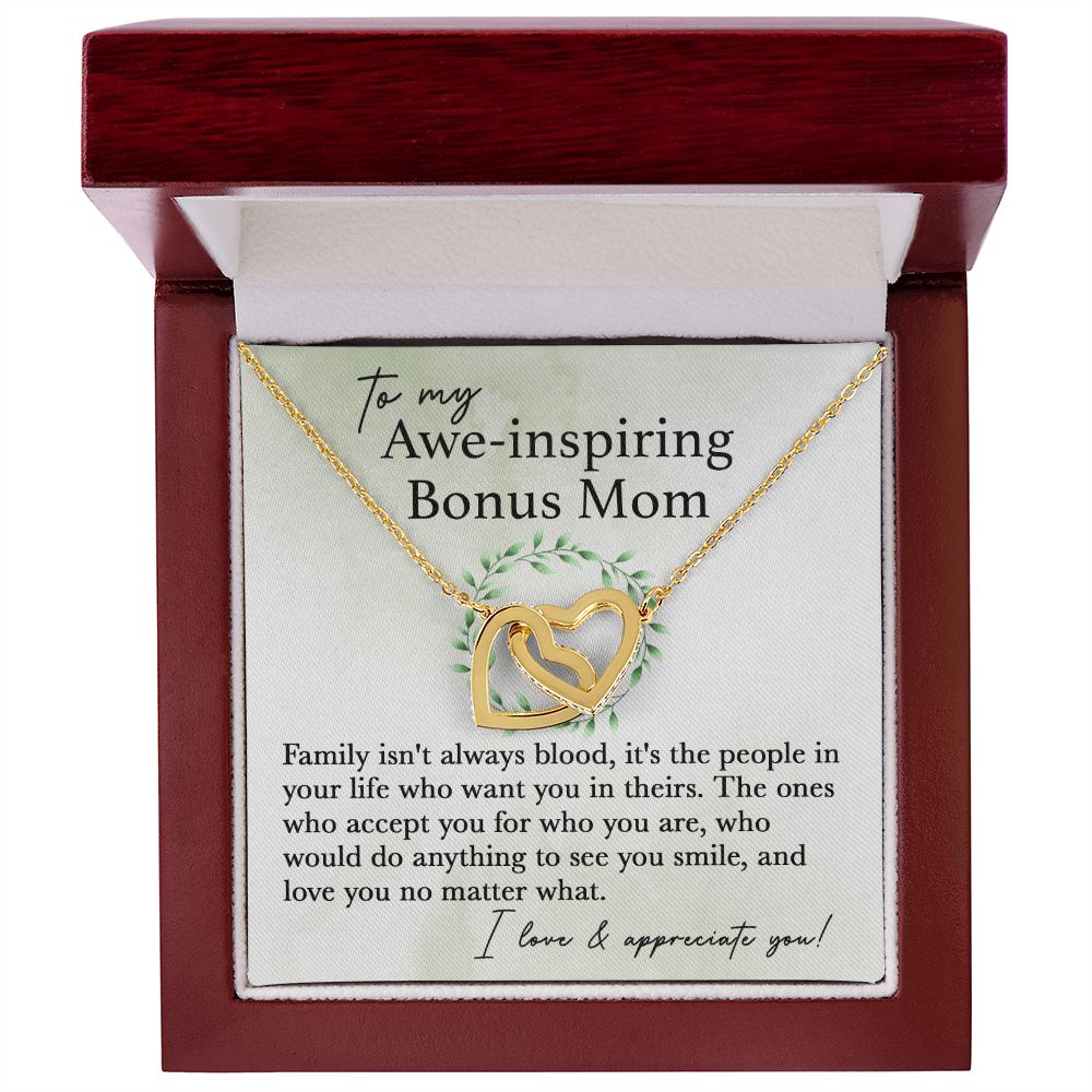 To My Awe-Inspiring Bonus Mom interlocking hear necklace