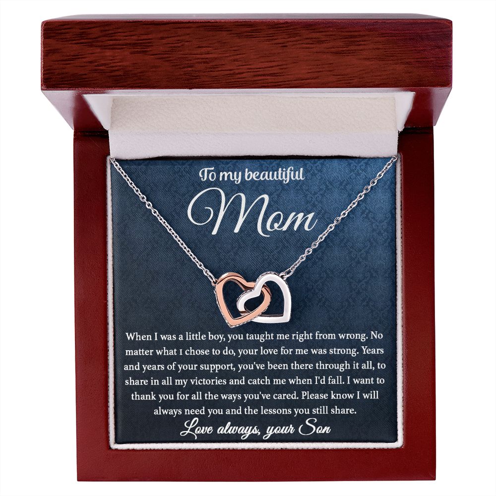 To My Mom - You Taught Me Right From Wrong interlocking hear necklace
