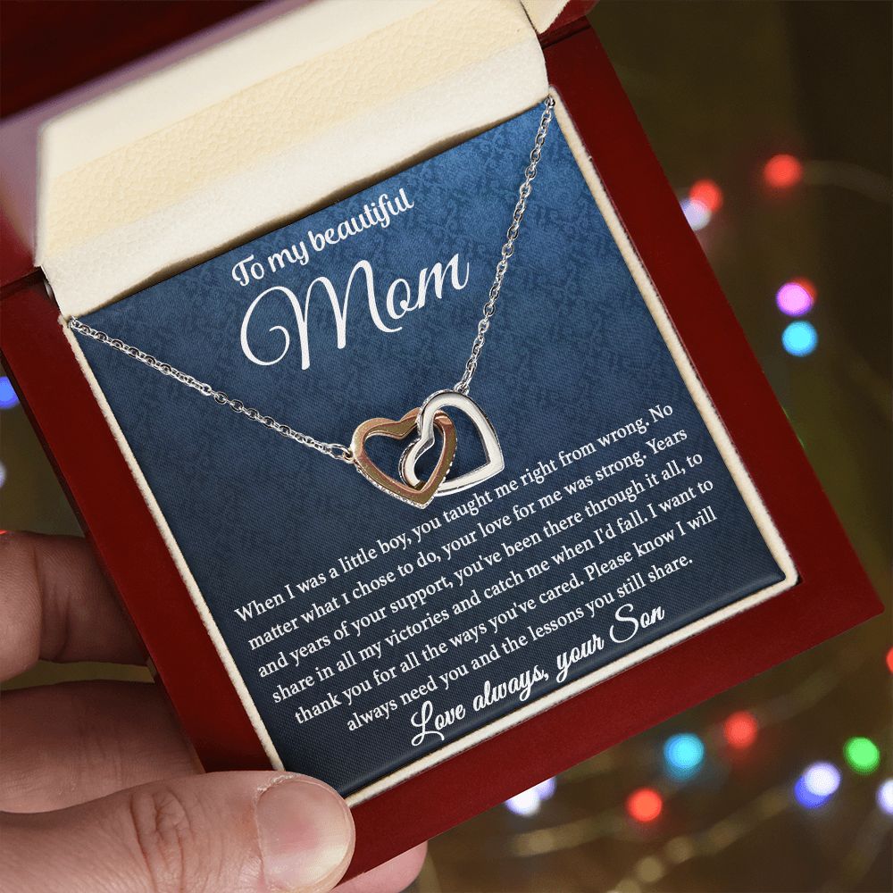 To My Mom - You Taught Me Right From Wrong interlocking hear necklace