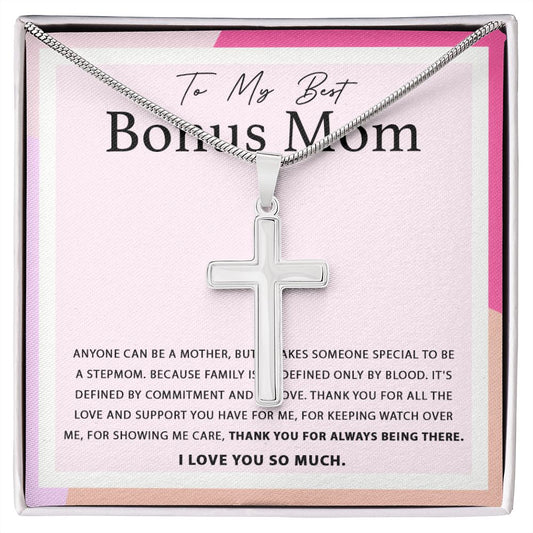 To My Best Bonus Mom stainless cross necklace